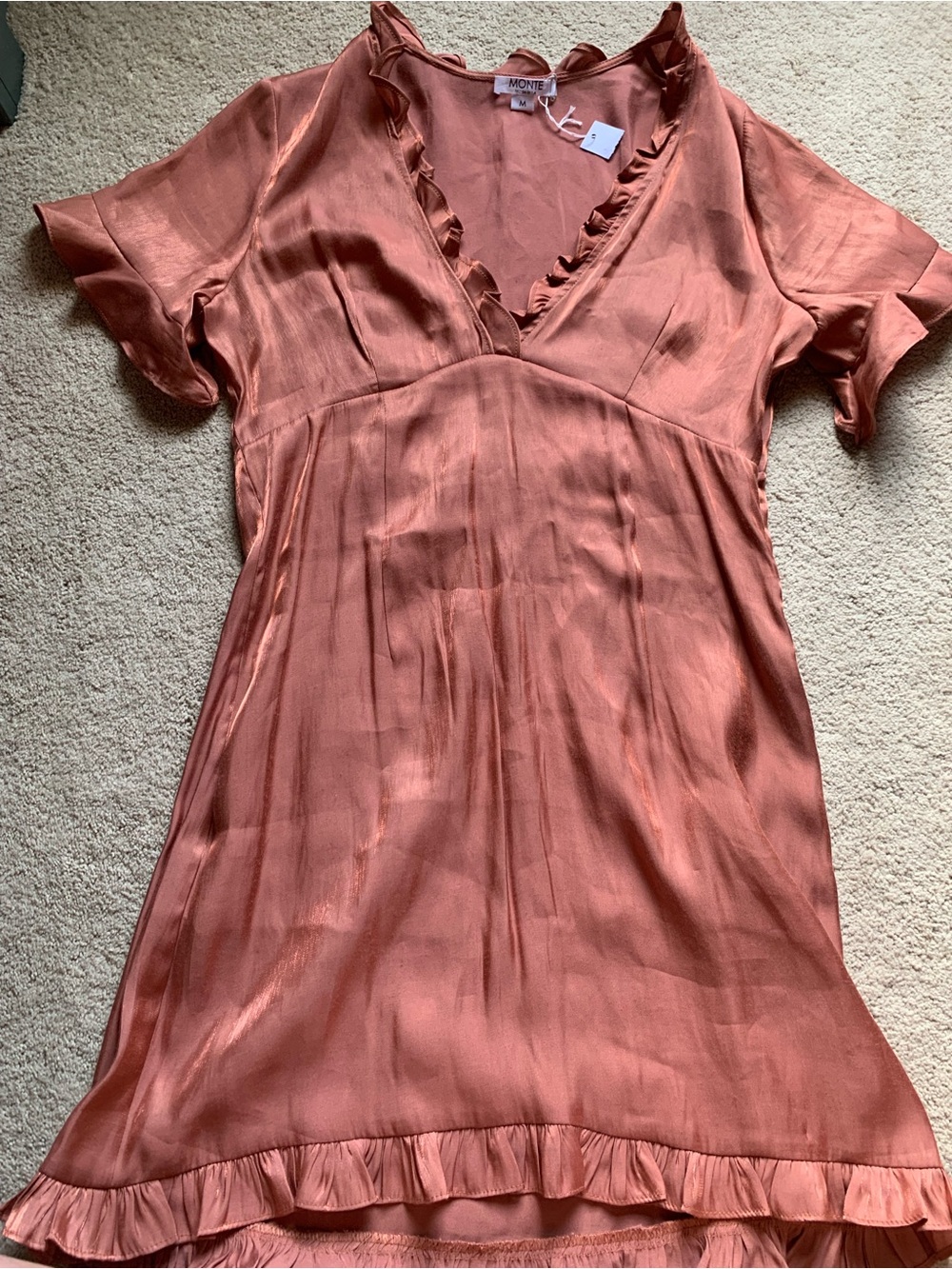 New Monte Copper Satin-like Ruffle V-Neck Dress